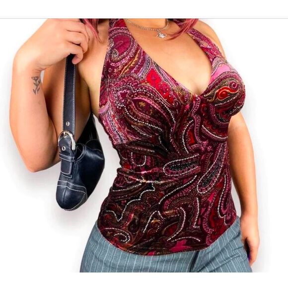 Y2K Cache Paisley Printed Velvet Beaded Halter Top - Picture 7 of 11